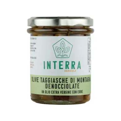 Olive Taggiasche di Montagna denocciolate in Extra Vergine con erbe mediterranee - 180g Olive Taggiasche di Montagna denocciolate in Extra Vergine con erbe mediterranee - 180g