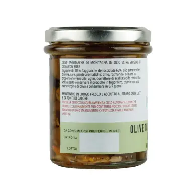 Olive Taggiasche di Montagna denocciolate in Extra Vergine con erbe mediterranee - 180g