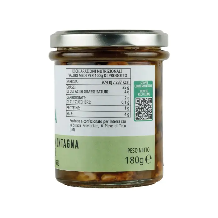 Olive Taggiasche di Montagna denocciolate in Extra Vergine con erbe mediterranee - 180g
