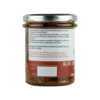 Olive Taggiasche di Montagna denocciolate in Extra Vergine con Aglio di Vessalico e peperoncino - 180g