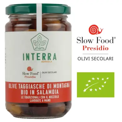 Olive Taggiasche di Montagna in salamoia "Tradizione sostenibile" con nocciolo (300g)