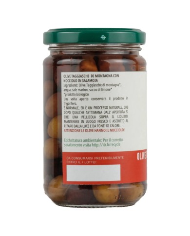 Olive Taggiasche di Montagna in salamoia "Tradizione sostenibile" con nocciolo (300g)