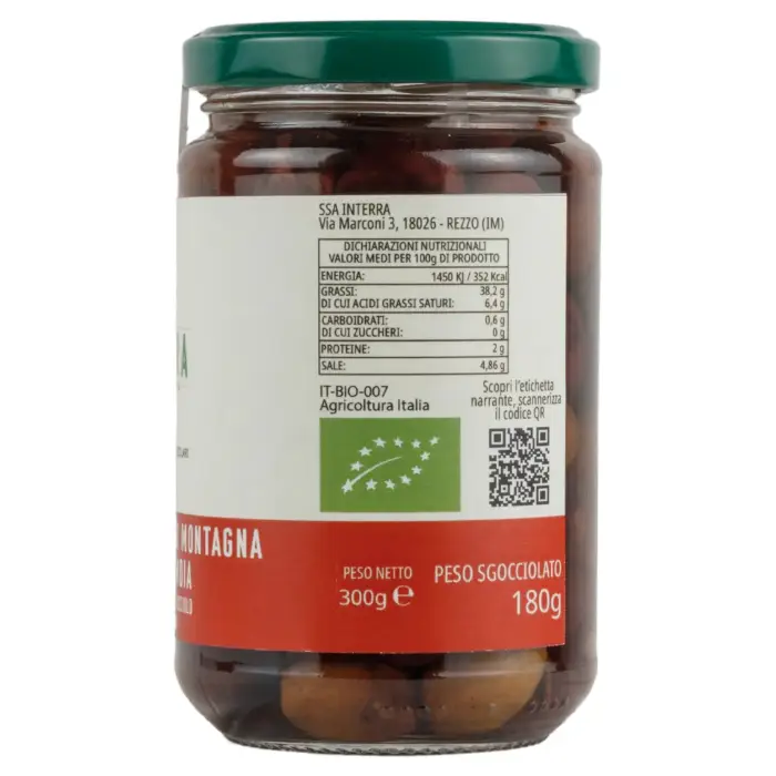 Olive Taggiasche di Montagna in salamoia "Tradizione sostenibile" con nocciolo (300g)
